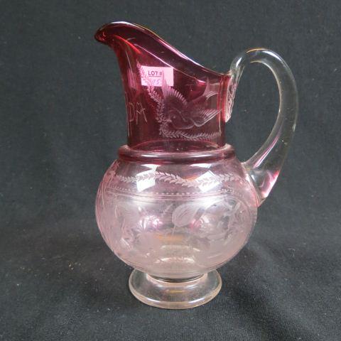 19th Century Engraved Glass Pitcher,: with swan, lion, birds and dog in medallions, floral and vine trim, "Verda", cranberry to clear, attributed to Stevens and Williams, 6 1/2" tall, excellent.