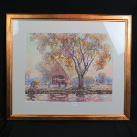 Alphonse Palumbo, watercolors, Hay Harvest,: with wagon and horses outside the barn, with another watercolor on back of farmer with his dog and cattle, image areas 19" X 24", with estate stamp....Alphonse Palumbo (1890 - 1947)