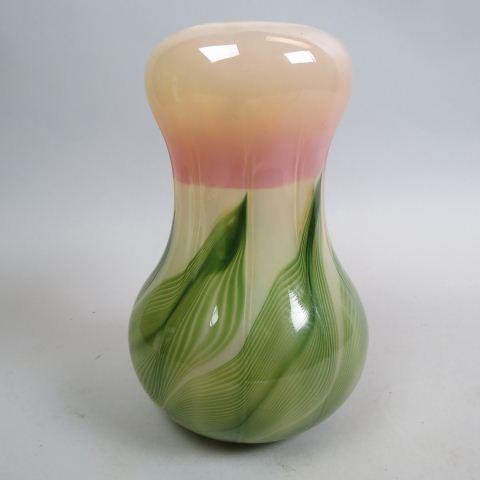 Art Glass Vase,: green pulled feather design on sunset color field, ribbed, polished, 8 1/2" tall, excellent.