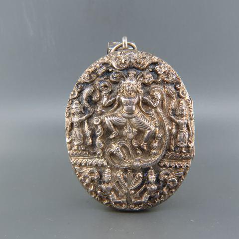 Southwest Asia Sterling Silver Locket,: dancers and creatures, oval, 2 1/2" long (plus bale).