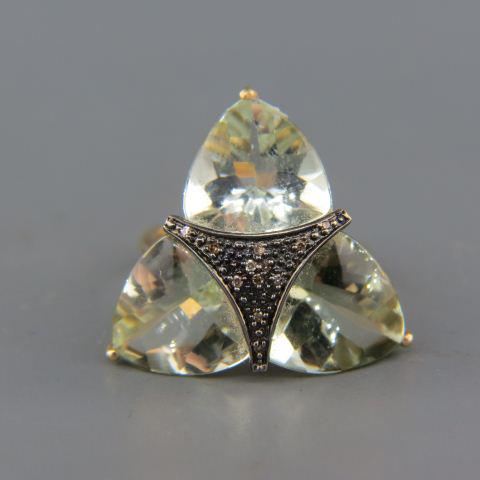 Green Quartz & Diamond Ring,: a trio of modified triangular gems with small colored diamonds in center, 10K yellow gold, currently size 7.