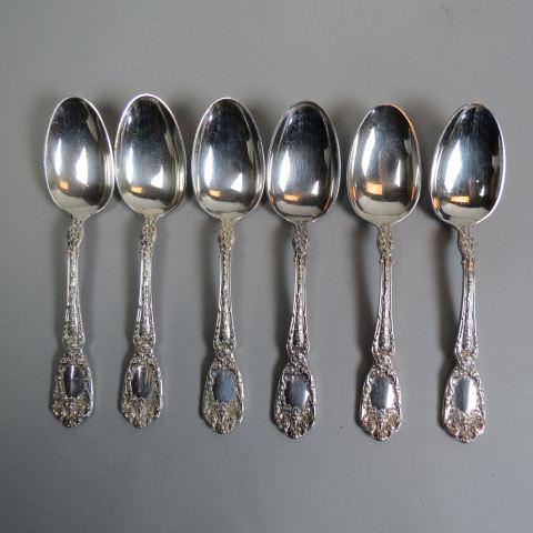 6 Gorham "Florentine" Sterling Silver Spoons,: face at top of ornate design, 6" long, 279 grams, no monogram, 1901.