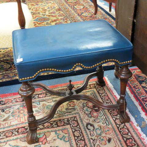 Mahogany & blue Leather Footstool,: wood base with "X' stretcher, carved legs, 23" X 17", 19 1/2" tall.