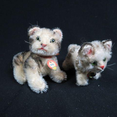 2 Steiff Mohair Kittens, "Tabby" and "Kitty",: with buttons and tags, 3 " & 3 1/2".