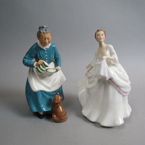2 Royal Doulton Figurines:: "The Fovorite", HN2249, lady with kitten and "Carol", HN2961, 7 1/2", both excellent.