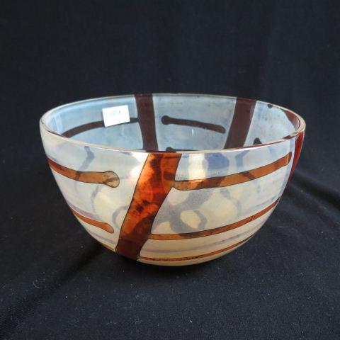 Art Glass Bowl,: amber brown tree and branch styyle decoration on opalescent field, 7" diameter, excellent.