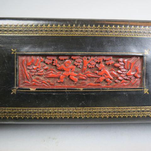 Chinese Cinnabar & Italian Leather Box,: cinnabar panel with children palying in the woods, 1 1/2" X 5" panel, the box a size for a fan or gloves, 4" X 10" X 2 1/2".