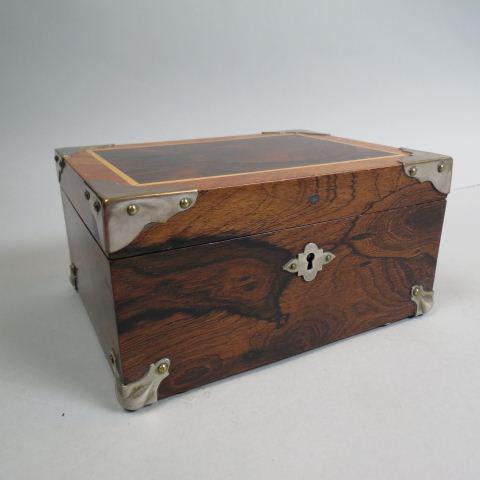 Victorian Rosewood & Satinwood Jewelry Box,: lift out tray, 6 1/2" X 8 1/2" X 4 1/2" locking, with key.
