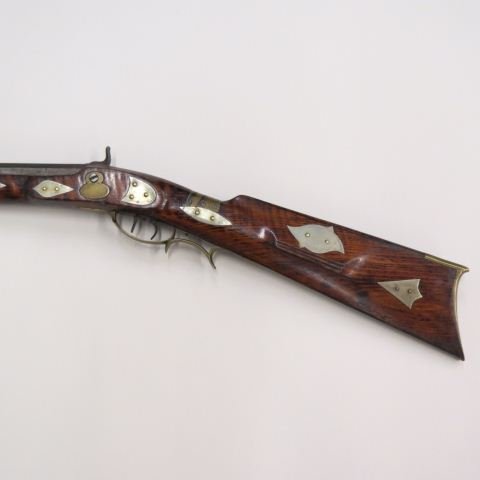 William Lamb & Son North Carolina Percussion Rifle,: Jamestown School, born 1806, grained maple, silver inlays, brass butt plate, 39 3/4" barrel, 55" long.