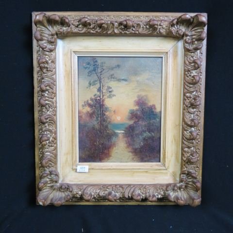 19th Century Oil, Sunset landscape,: on canvas, image area 8" X 10" plus gold frame, artist initials.