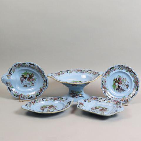 19 pc. English Ironstone Tableware Service,: transfer ware & polychrome floral on blue field, includes 12 - 8 14" plates, 2 - 8" square servers, 2 - 8" x 10" oval servers, 2 8" x 9" servers and a tall centerpiece compote, 10" x 12", 19th century