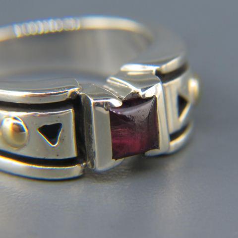 James Avery 18K Gold & Sterling Garnet Ring,: purplish red cabochon square gem measuring 5 mm, currently size 6 1/2.