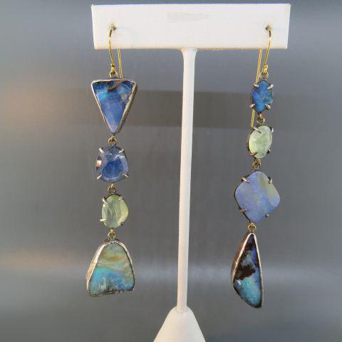 Opal & Gemstone Artisan 14K Gold & Silver Earrings: beautiful fiery opals in natural matrix with other gems, gold wires, dangling, 4" long.