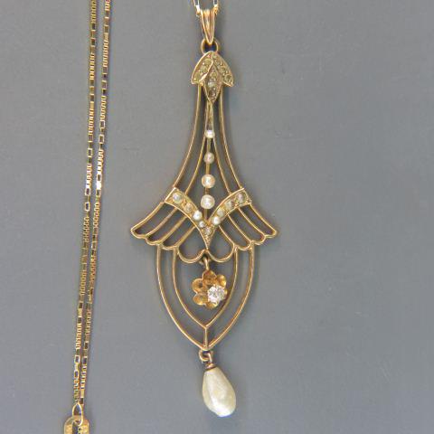 Diamond & Pearl Antique Lavalier & Chain 14K Gold,: the lavaliere with dangling pearl, seed pearls and round diamond of .08 carat, 2 1/2" long on 20" chain, all 14K, 5.4 grams.