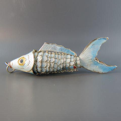 Chinese Enameled Reticulated Fish Pendant,: 4 1/4" long, silver.