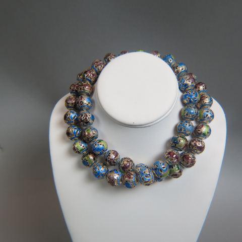 Chinese Cloisonne Enamel Bead Necklace,: 50 beads with Koi and openwork decor on silver, 16mm, 34" long.