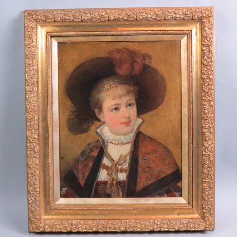 Casatello, oil, Young Girl, French Style: hat & outfit, on canvas, image area 19 1/2" x 15 1/2" in ornate gold frame.