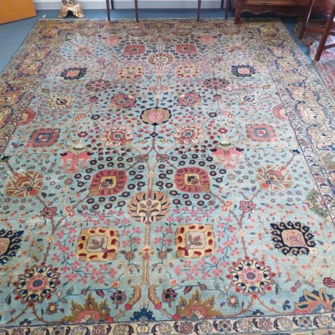 Antique Tabriz Type Persian Handmade Room Size Rug: elaborate florals on light blue field, multi-border 10'10"x14'2"