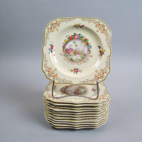 12 Royal Doulton Porcelain Dessert Plates,: medallion center with boy & girl, dog, floral trim, fancy scalloped squared, "The Marmion," 7 3/4", excellent