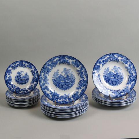 26 pc. Early Minton Ironstone China,: blue transfer landscape into floral border, 10 - 10" plates, 10 - 8" plates and 6 10" soup plates, late 19th century.