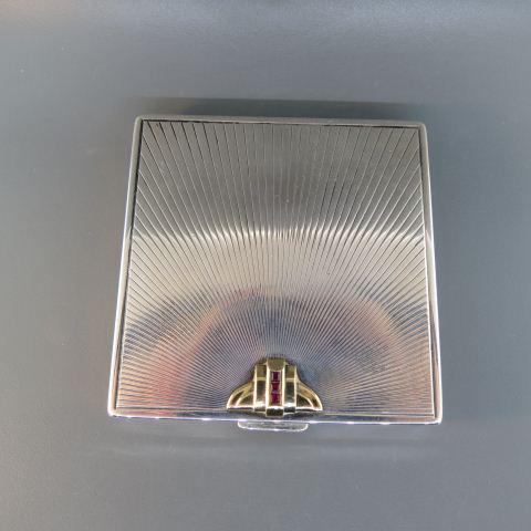 14K Gold Ruby & Sterling Art Deco Compact,: A trio of French square cut rubies in yellow gold on fan design by William Barthman, 2 3/4" x 2 3/4" case with inner engraving of Christmas 1948, total of 138 grams.