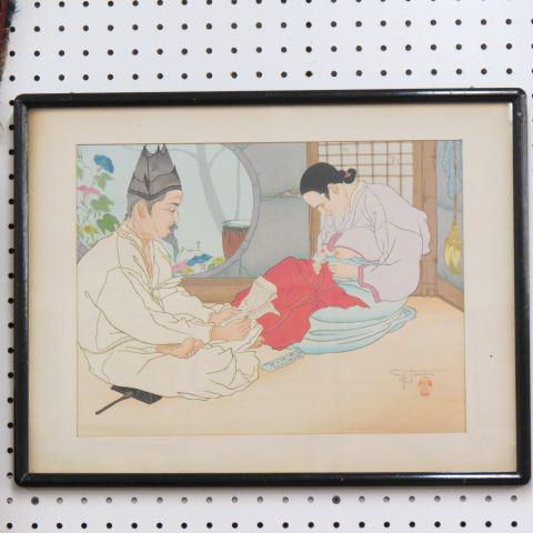 Paul Jacoulet Woodblock,: "La Lettre Du Fils ou La Demande D'Argent Seoul i Coree" (The Son's Letter, Request for Money), 1938, 15 1/2" x 12", edition of 350, tea jar seal, excellent......Biography from the Archives of askARTB