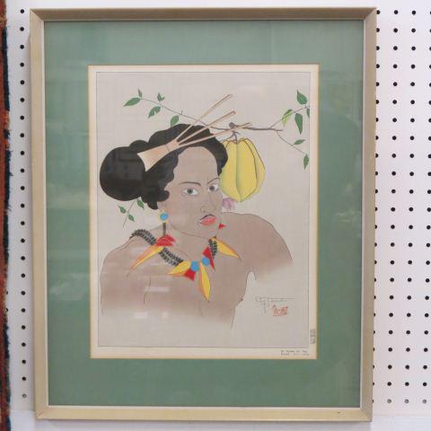 Paul Jacoulet Woodblock,: "Un Homme de Yap ouest Carolines," 1935, signed, Mandarin duck seal, kanji, edition of 150, image area approx 15 1/4" x 11 5/8", excellent....Biography from the Archives of askARTBiography photo for P