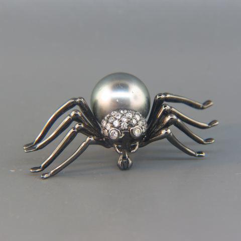 Diamond & Black Pearl Spider Brooch or Pin,: 14K Gold with black finish, 25 round diamonds with a lustrous gray-black pearl, 12 mm, signed I.P.S., 8.3 grams, 2 5/8" x 7/8", excellent.