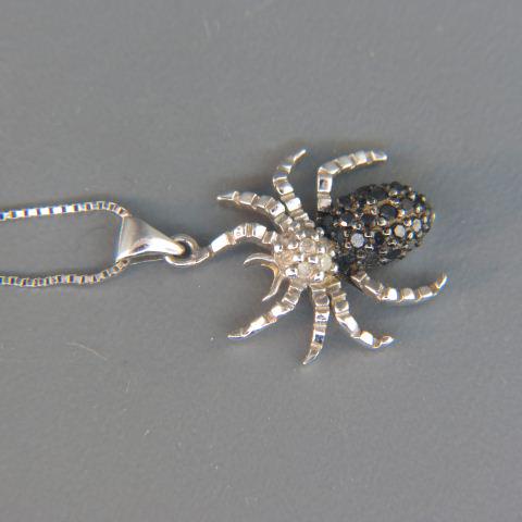 Diamond Figural Spider Pendant with Chain,: the spider has black and white diamonds in 10K white gold, 3/4" long. The chain is box link, 14K white gold, 22" long, 2.2 grams.