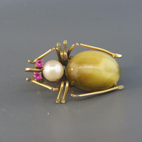 Ruby, Pearl & Tigereye 14K Gold Bug Brooch,: two round ruby eyes, 6.5 mm pearl and cabochon tigers eye body (11 x 16 mm), 1 1/4" long, 4.7 grams.