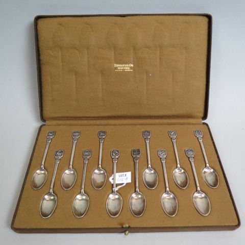 12 pc. Tiffany Sterling Zodiac Spoon Set Art Deco,: in original box, complete, demitasse or coffee size, 4 1/8', signed, pat'd 1920, excellent, no monograms.