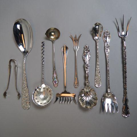 Estate Lot of Interesting Sterling Silver Servers,: includes bacon or sardine fork, olive spoon, letuce fork, sauce ladle, sugar sifter, berry spoon, sugar or jam spoon, lemon fork, sugar tongs, and more. Various patterns and makers. 1890's and up, 263