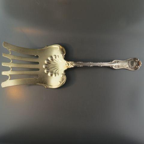 Whiting Imperial Queen Large Asparagus Server,: fancy gold wash end, pat'd 1843, fancy monogram, 10" long, 143 grams. Excellent