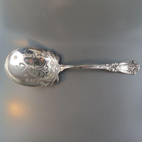 Rare Durgin Iris Sterling Ice Spoon or Pea Server,: 1900, elaborate floral and openwork bowl, 9 1/8" long, 105 grams, monogram of "C", excellent.