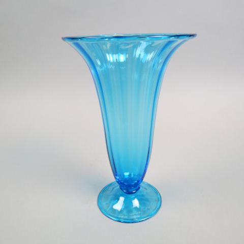 Steuben Celeste Blue Art Glass Vase,: trumpet shape, ribbed, 8 1/2", signed, excellent.....Steuben Glass is one of America’s most cherished producers of collectible crystal. Whether it is a Steuben vase, bowl, figurine, or sculpture, St