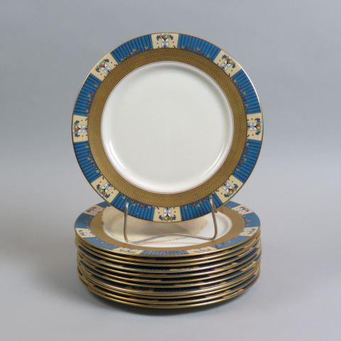 12 Lenox Porcelain Service Plates,: Art Deco design plus gold encrusted band, 10 1/2", excellent.