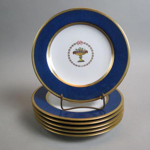 6 Spode Copeland Fine China Plates, handpainted,: center medallions with compote of fruit design, lapis and gold border, 8 3/4", excellent.