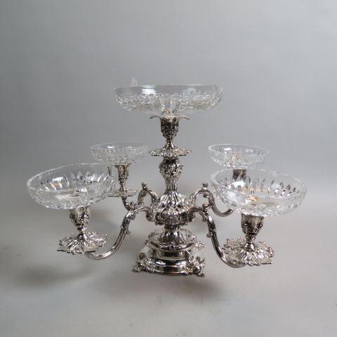 Reed & Barton Silverplate & Crystal Epergne,: Renaissance pattern, 14 1/2" tall, overall 18" across, excellent.