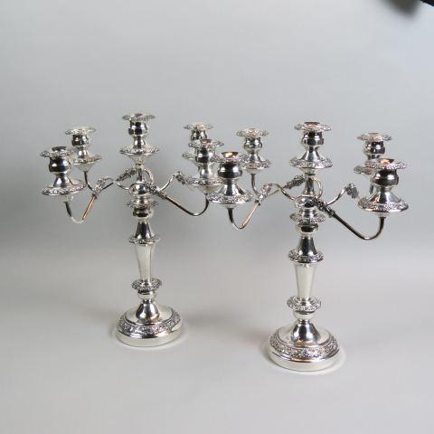 Pair of Silverplate Candelabra,: five light, convert & single sticks, floral trim, 19" tall, 13" across, impressive, excellent.