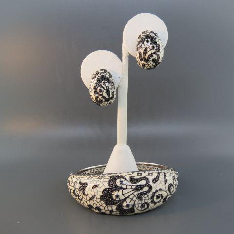 Belle Etoile Bangle Bracelet & Earrings,: black diamond and enamel. Sterling, hinged bangle has 5 round black diamonds with off white enamel background matching huggie style pierced clip earrings. All signed, excellent.