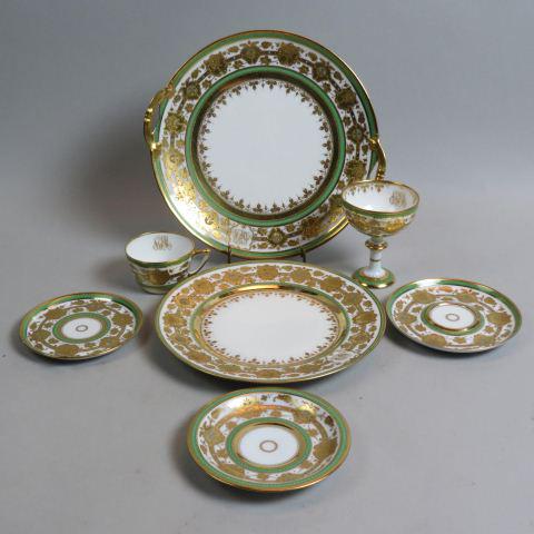 72 pc. Dresden Porcelain Dinner Service, Jeweled: and Gold decoration with green bands, includes 12 dinner plates ( 9 1/2"), 12 luncheon plates (8 1/4"), 12 bread plates (6"), 12 cups and saucers, 12 pedestal dessert dishes and underplates, 11 cream 