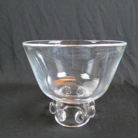 Steuben Crystal Bowl on Pedestal,: fancy applied prunts on base, 8" tall, 9" diameter, signed, excellent....Steuben Glass is one of America’s most cherished producers of collectible crystal. Whether it is a Steuben vase, bowl, figuri