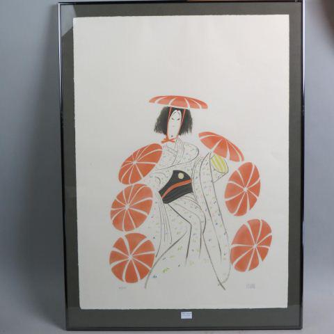 Albert Hirschfeld, lithograph, Japanese Lady,: signed, #50 of 275, paper size 30" X 21 3/4", framed...Albert Hirschfeld became famous for his personality caricatures of theater people, pen and ink work he did in his position as Theatre Caricaturis