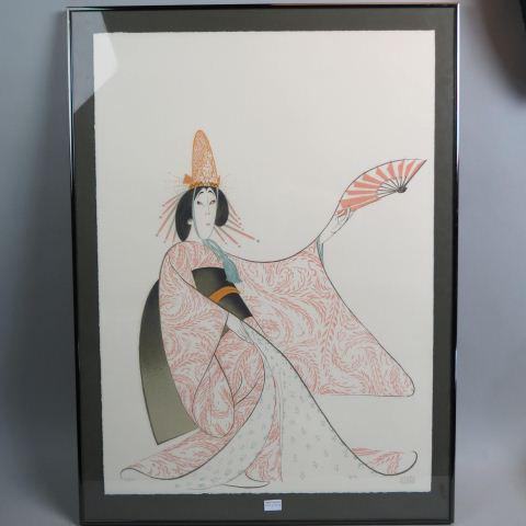 Albert Hirschfeld, lithograph, Japanese Lady,: signed, #21 of 275, paper size 30" X 21 3/4", framed....Albert Hirschfeld became famous for his personality caricatures of theater people, pen and ink work he did in his position as Theatre Caricaturi