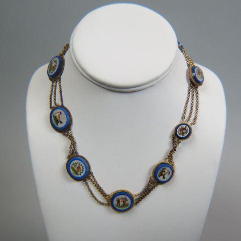 Italian Micro Mosaic 14K Gold Necklace,: 10 oval micro mosaics with baskets of flowers, chickens, architectural & floral, yellow gold, 17" long.