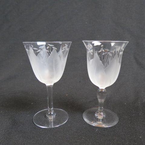 12 Dorflinger "Kalana Lily" Crystal Wine Glasses,: Water lily style decoration, 4.5", excellent..........The "Kalana" line was introduced by Dorflinger in 1918 and was acid-etched rather than engraved. Since the factory closed in 1919, it wasn't made 