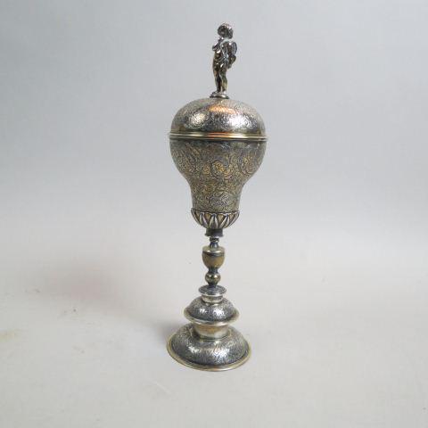 1870 English Sterling Chalice Aesthetic Movement,: covered, signed CO, hallmarks of London, gold gilt angel top, elaborate overall flowering vine, hallmarked, 10.5", excellent