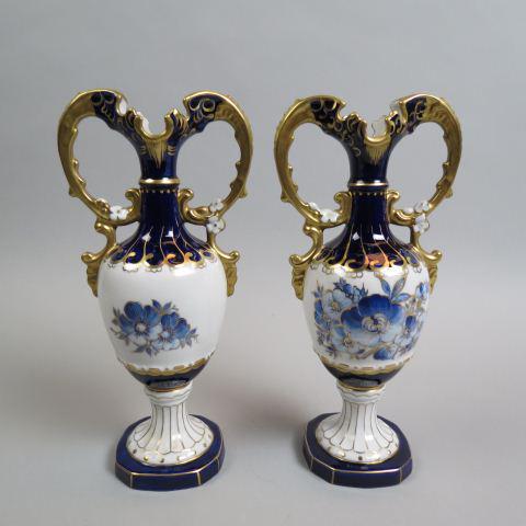 Pair of Royal Dux Porcelain Vases,: handled, rich floral, cobalt & gold trim, 11 1/4", signed, excellent.