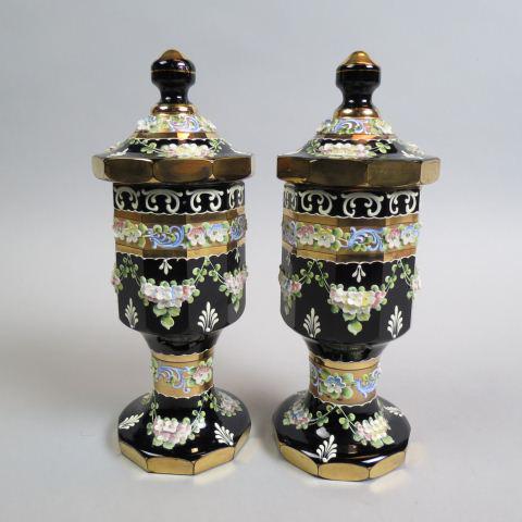 Pair of Bohemian Art Glass Covered Jars,: or chalices, raised floral garland or vine on deep amethyst, heavy gold work, octagonal, 9" tall, very little gold wear, otherwise excellent.