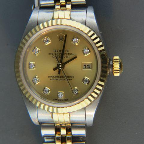 Rolex Ladies Gold & Stainless Wristwatch,: 14K gold, golden diamond set dial, datejust, oyster perpetual, with box.